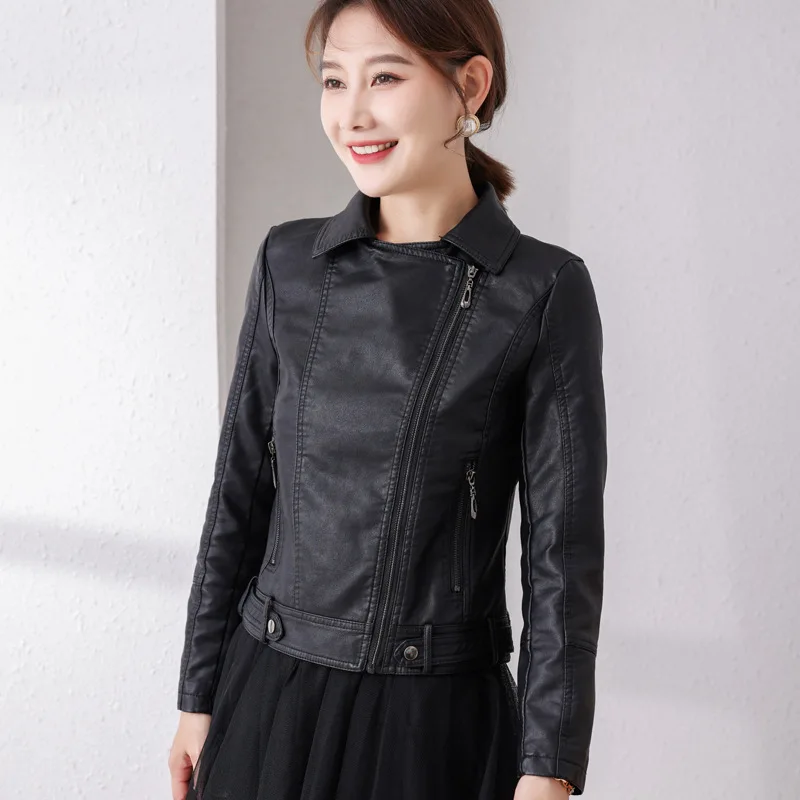 PU Slim Fashion Zipper Leather Coat Women's Black Button Leather Coat 2023 Autumn Winter Turn-down Collar Warm Leather Jacket