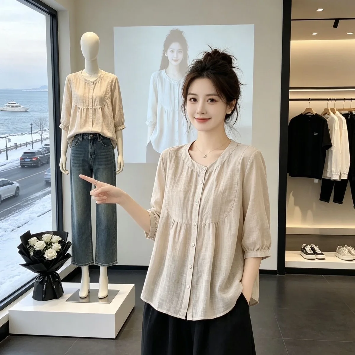 plus Size Women's Shirt Summer New Loose Belly Covering Mommy High End Casual Fashion Polyester Fiber Seven Sleeve Breathable
