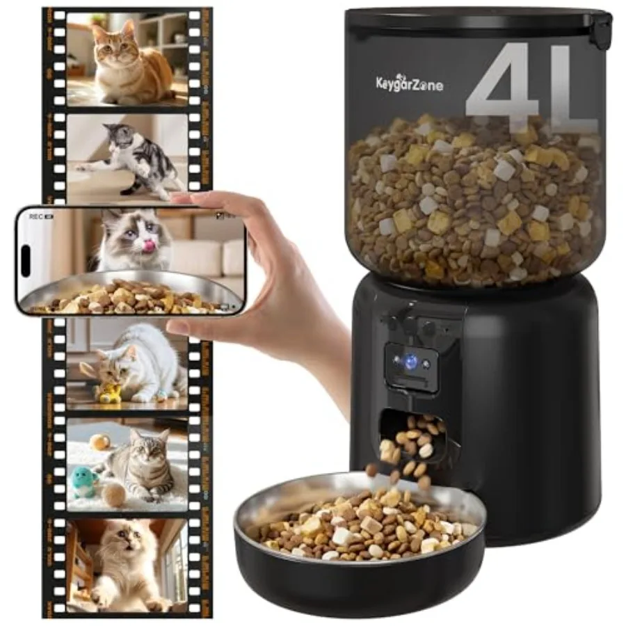 

Smart Automatic Cat Feeder with 1080p Camera 5G WiFi App Control Adjustable Dry Food Dispenser Dual Power Voice Recording Porti