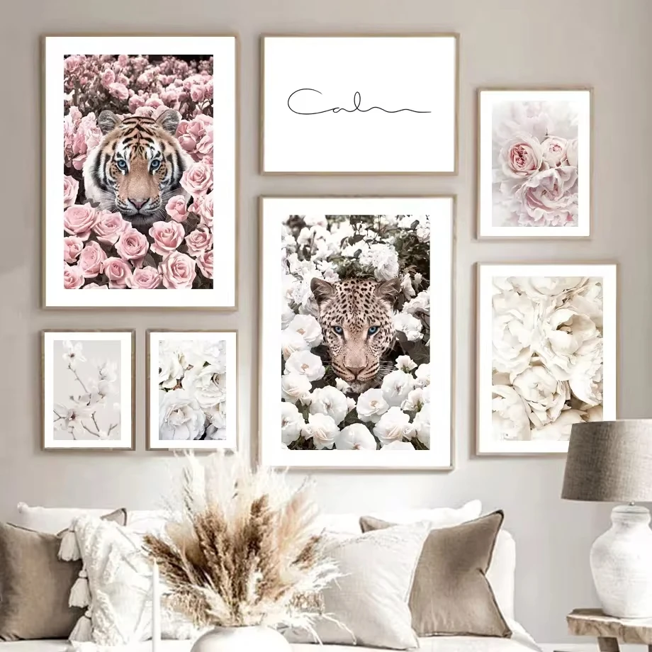 Blooming White Roses Leopards Pink TigersWall Art Canvas PaintingNordic Posters and Prints Living Room Decoration Wall Paintings