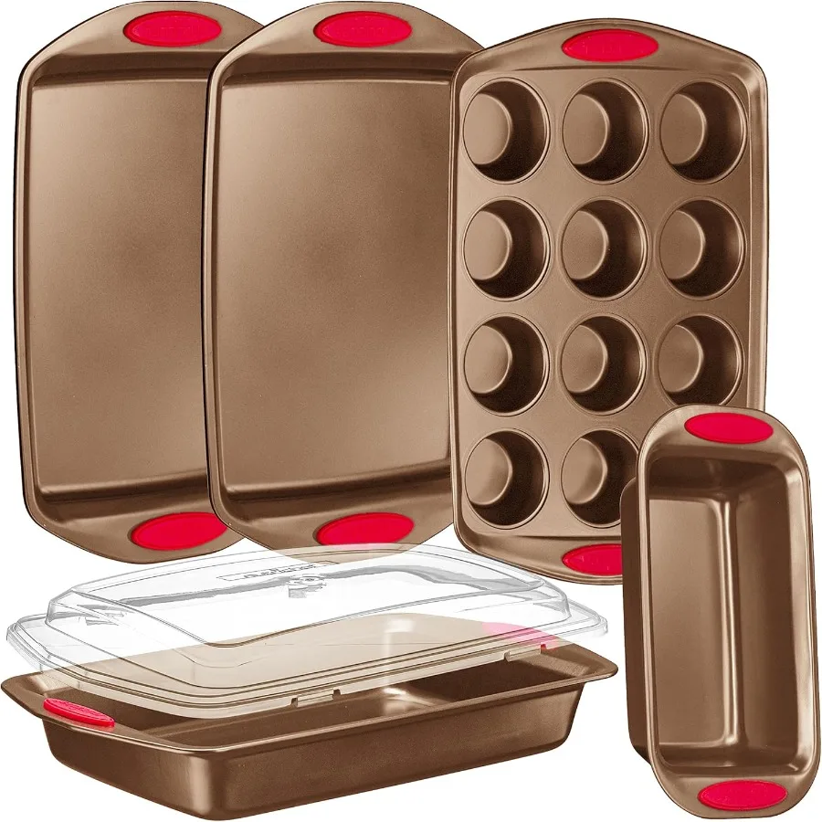 

6-Piece Bakeware Set - Carbon Steel Stackable Bakeware with Red Silicone Handles & Nonstick Coating, Includes Cookie Sheets, Roa