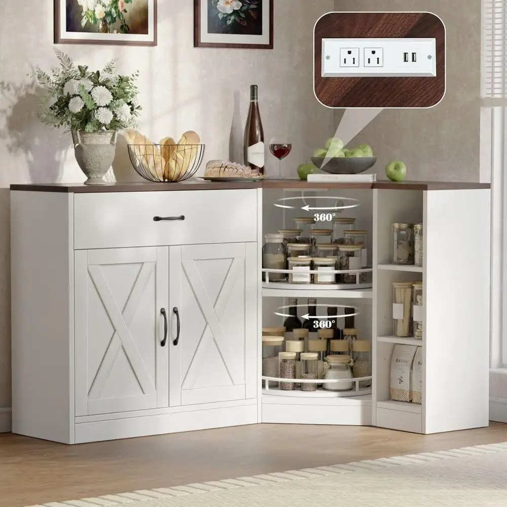 Cainet w/Charging Station, Kitchen Pantry Cainet w/2 Tier Lazy Susan Turntale, armood Pantry w/Der & Do& Adjustale Shel, L-Shape