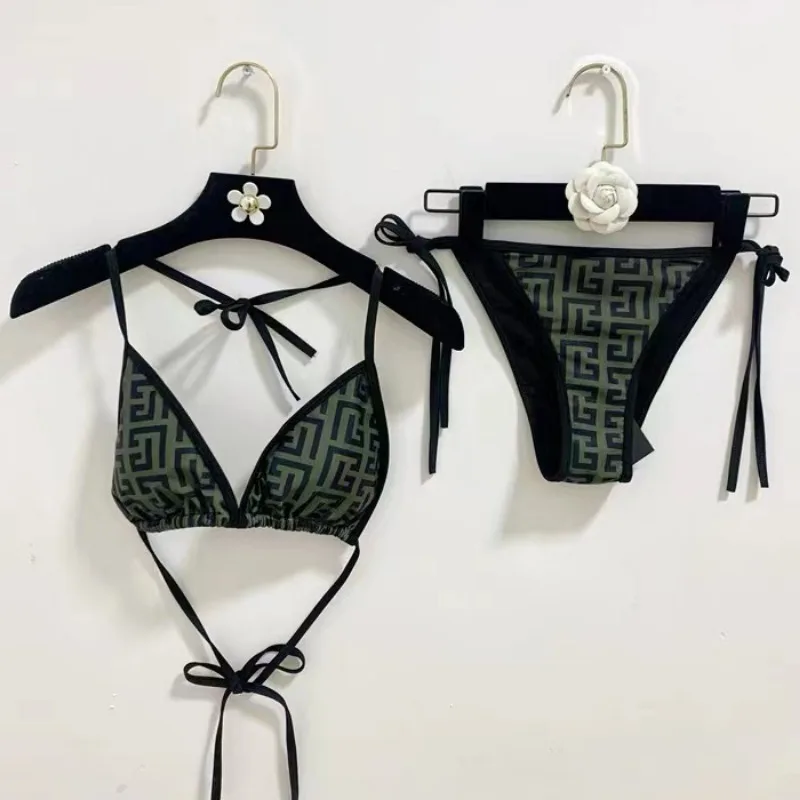 Lace-up Fashion Bikinis Sets Women Geometric Printed Bra Thong Sexy 2 Piece Swimsuits Solid Beach Style One-piece Bathing Suits