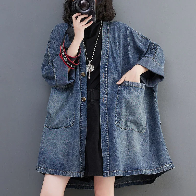 Vintage V-Neck Big Pocket Denim Jacket Women\'s 2023 Spring Autumn New Loose Oversized Long Windbreaker Jean Jackets Outerwear