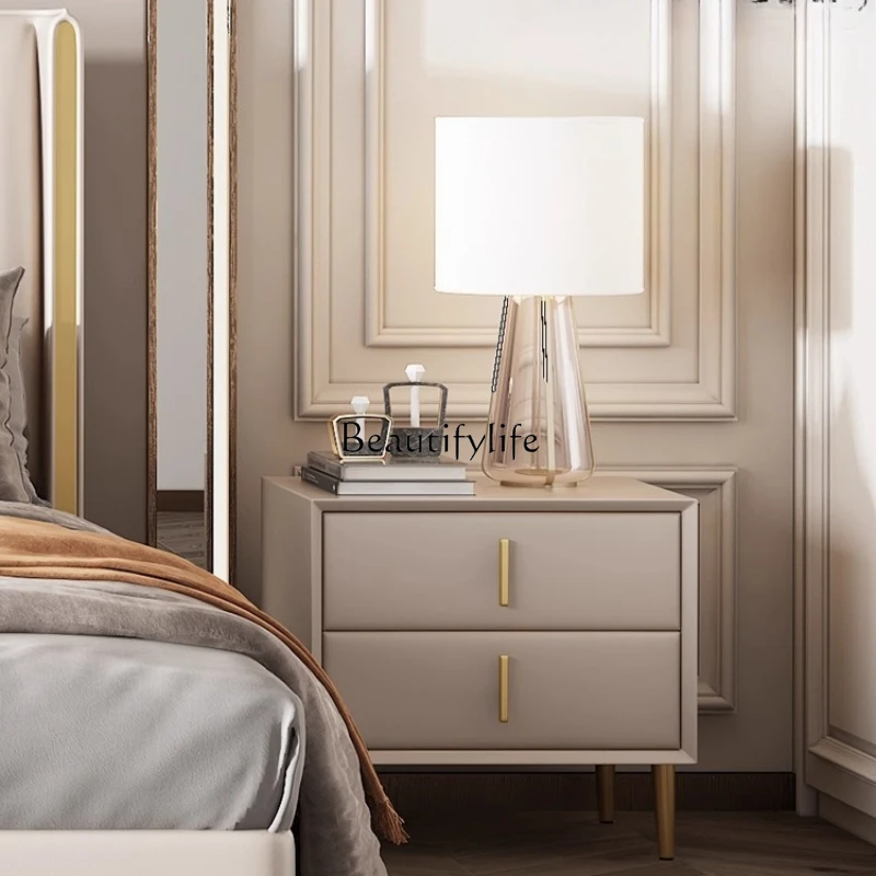 

*Modern simple light luxury leather art solid wood bedside cabinet small apartment storage cabinet