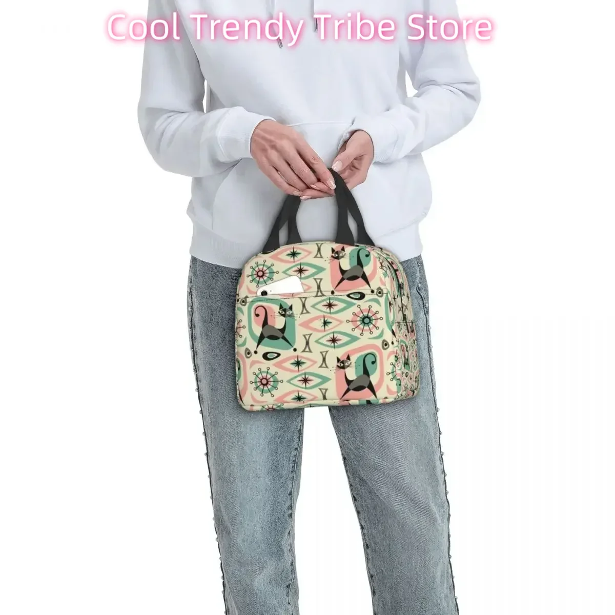 Mid Century Cat Abstract Insulated Lunch Bags Resuable Picnic Bag Thermal Cooler Lunch Box Lunch Tote for Woman Work Kids School