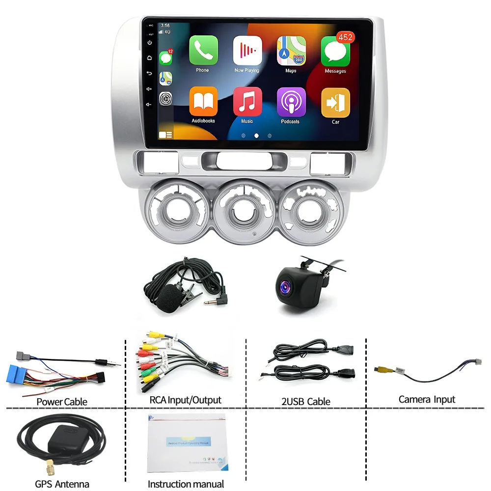 9 بوصة مع وظيفة CarPlay وAndroid Auto 2+64G لـ 2002-2008 Honda Jazz GD (محرك اليد اليسرى - يدوي) ملاحة السيارة Android 15