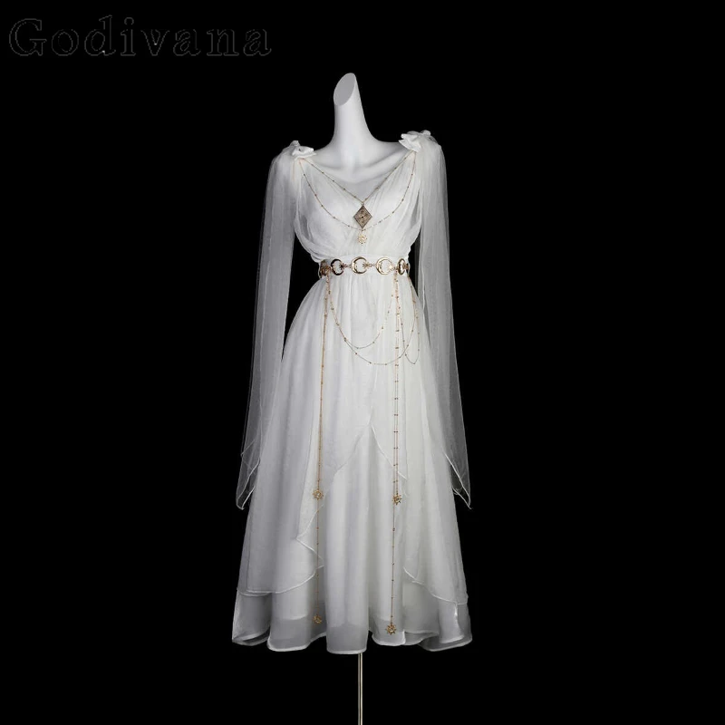 

Elegant Floating Strap Long Party Dresses Women Sweet Vintage Fairy Dress Female Summer Court Style Cosplay Chiffon Dress