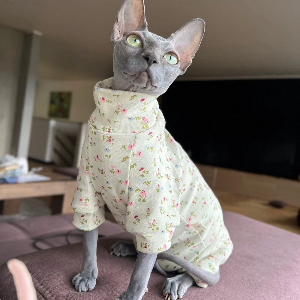 Warm Cotton Coat for Sphynx Cat Spring Soft Fabric Elestic Jumpsuit for Kittens Green Floral High-Neck Sweatshirt for Devon Rex