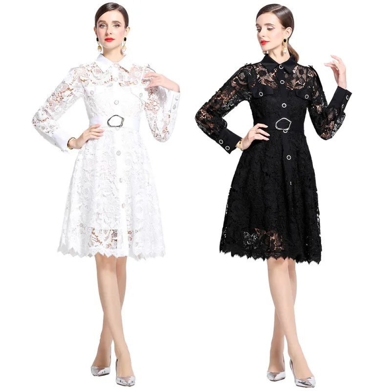 Fall New Sle Heavy Work Embroidery Dr Stand Collar Hollow out Flower Design Slimming Ele French Sle Long Sve Dr