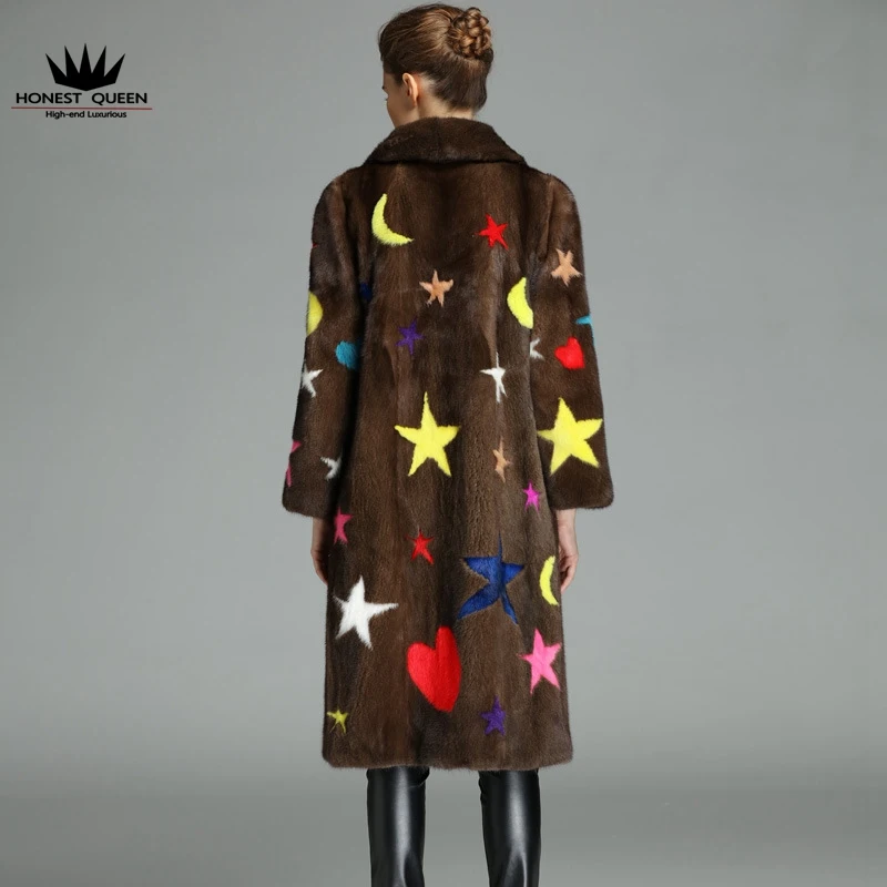 HQ 100% velvet natural true mink fur coat woman's lapel long section color star decoration large size custom