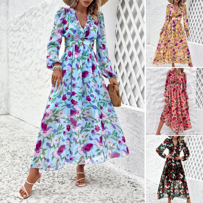 

Diyun Women'S Vacation Casual Color Contrast Printed V-Neck Dress