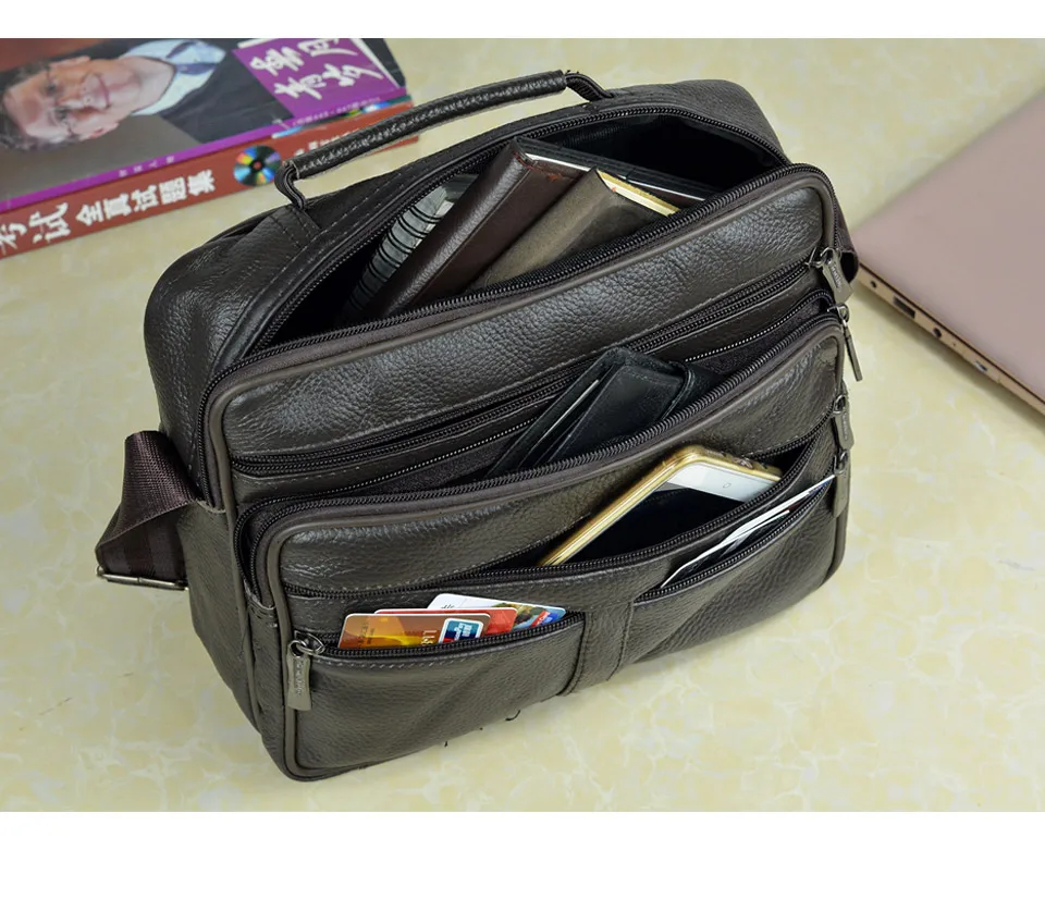 Neuankömmling Männer Umhängetasche Herren Echt leder Umhängetasche Junge Kaffee mittelgroße Handtaschen Tasche natürliche Haut Männer Aktentasche – Detail 6