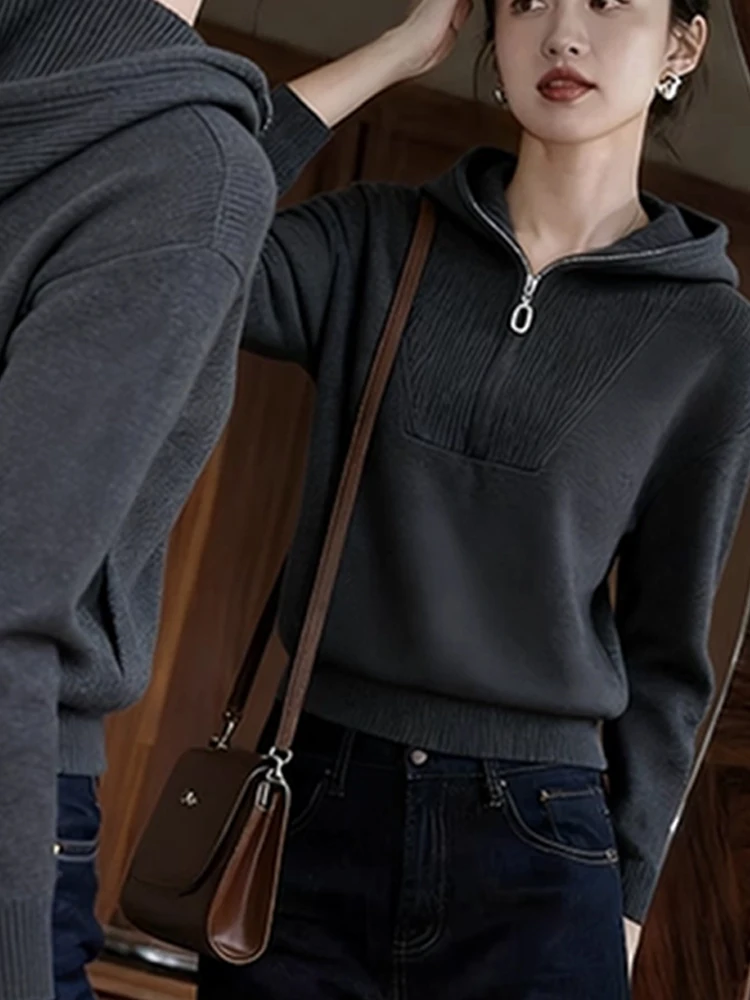 

ay Hooded Knitted Top Women's Loose Fit Faionable f Zip Casual Sle Autumn New Arrival Suitable for All Ages