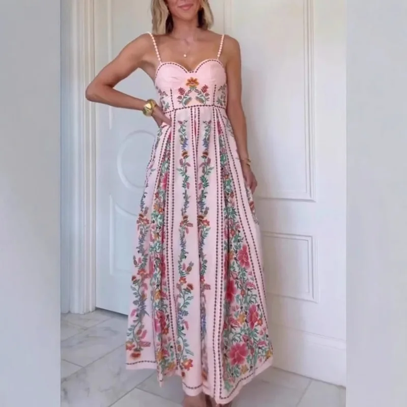 

FL Sleeveless Women's Floral Print Maxi Dress Spaghetti Strap Sweetheart Neck Flowy Boho Vacation Dresses Summer New Cute Wear
