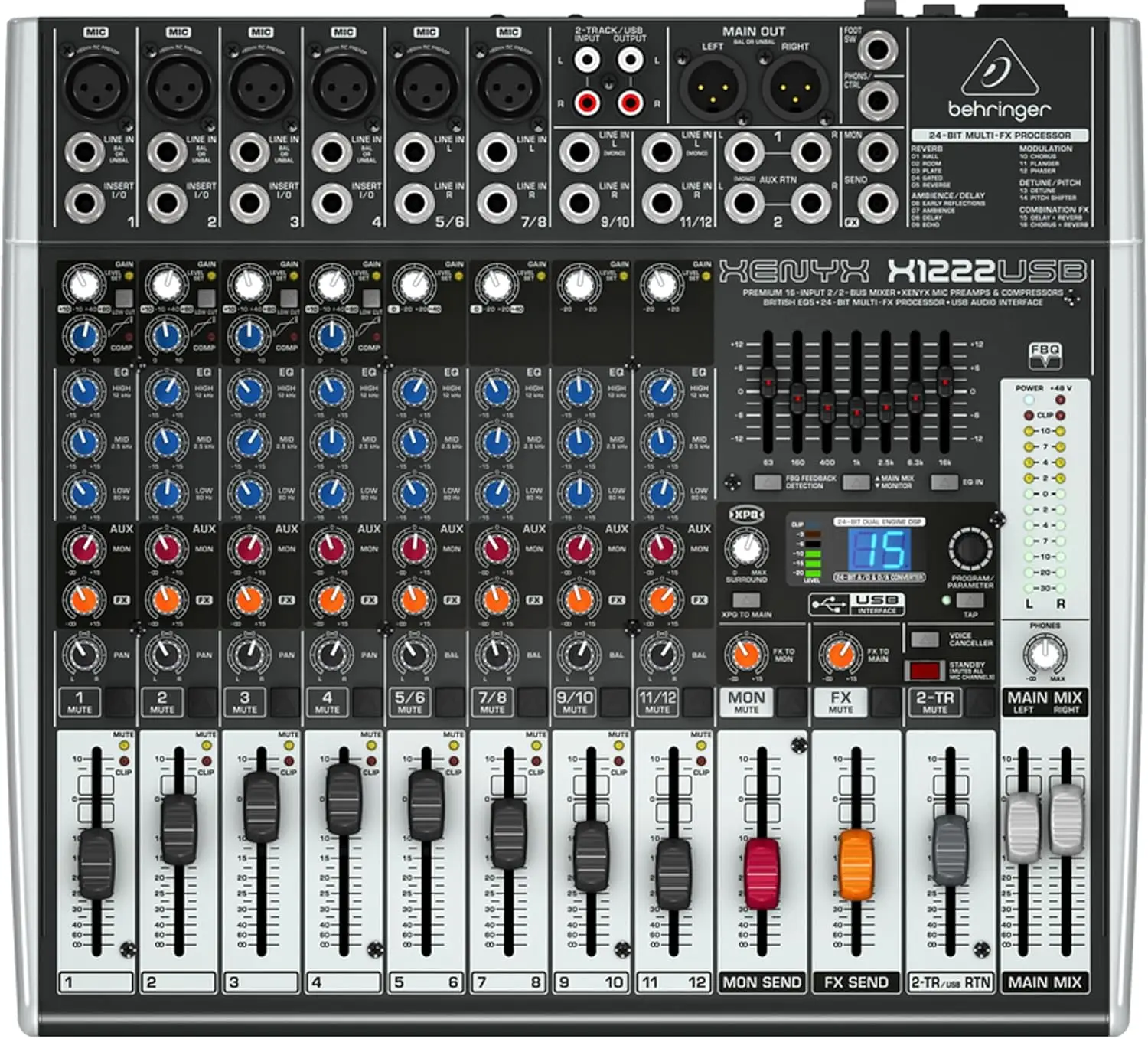 Behringer XENYX X1222USB Premium 16-Input 2/2-Bus Mixer Mic Preamps Compressors British EQ 24-Bit Multi-FX Processor USB/Audio