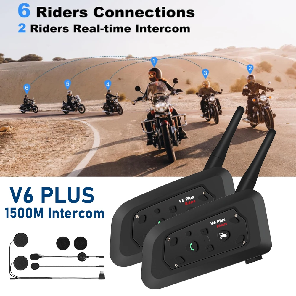 

V6 PLUS Motorcycle Bluetooth Headset 2 Riders Intercom V5.1 Helmet Communication System Hands-Free Call for Skiing Climbing