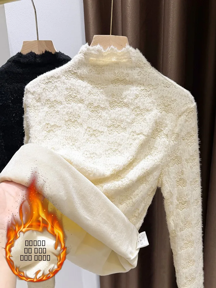 

Женская кружевная базовая кофта Ele Fce с высоким воротником, осенне-зимняя, модная, из нейлоновой ткани высокого качества