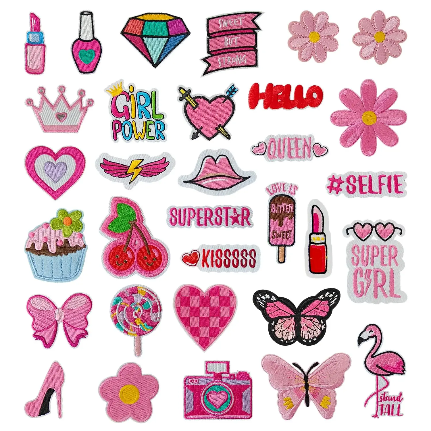 32Pcs Pink Girl Lipstick Cherries Pink Heart Iron on Embroidered Patch Super Girl Applique