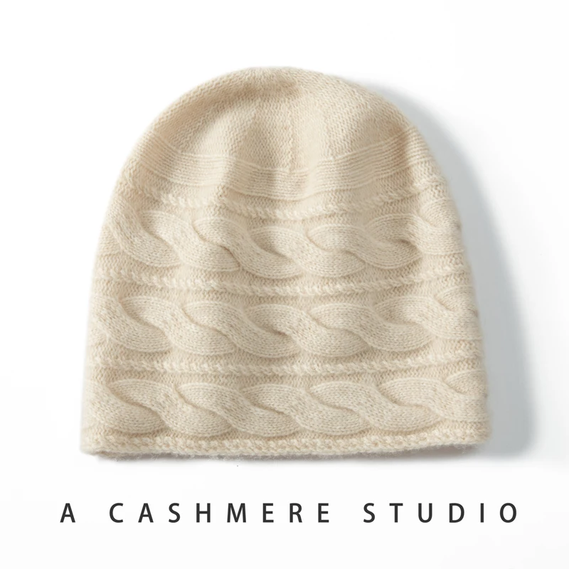 Women Hat 2025 Winter New 100% Goat Cashmere Knitted Hats Soft Warm Headgears Lady Fashion Jacquard Thicken Cap Cashmere Cap