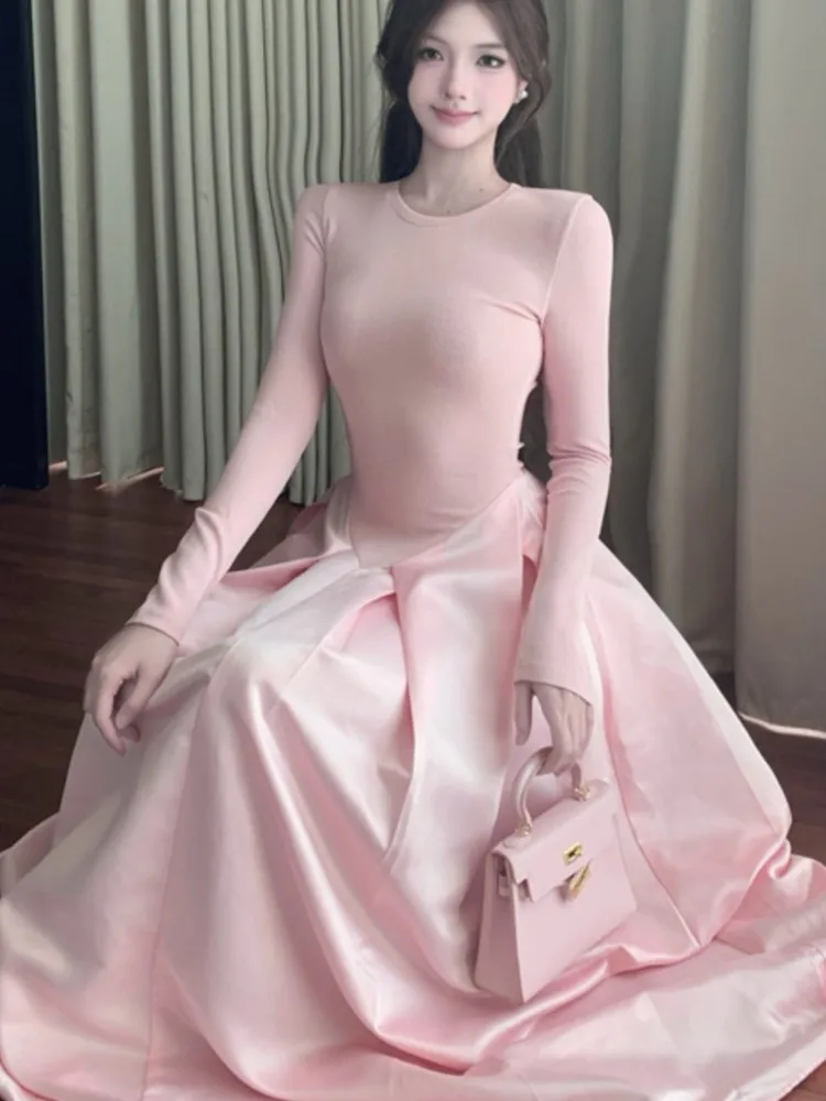 Vintage French Knit Spliced Long Dress Woman Autumn Slimming O Neck Evening Party Dresses Wedding Graduation Prom Female Clothes