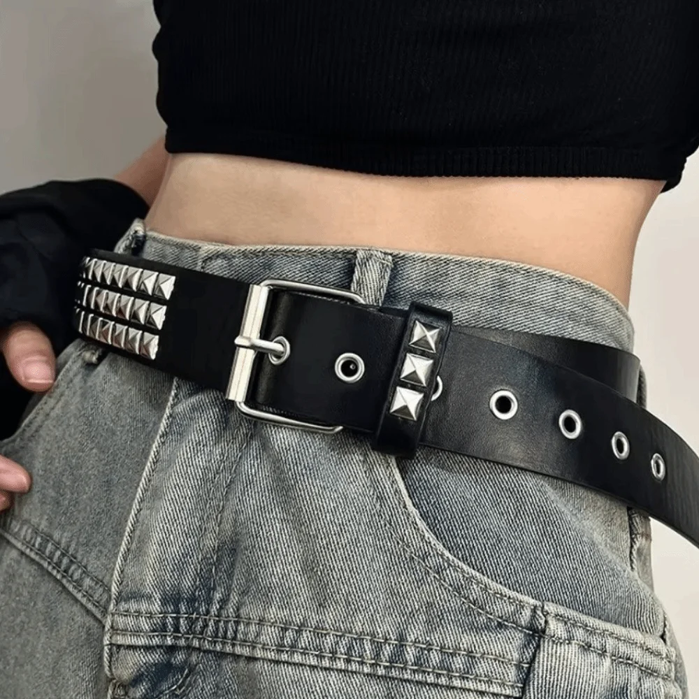Trend Vintage Punk Rivet Belt PU Leather Metal Metal Gothic Waistband Decorative Stainless Steel Buckle Y2K Pyramid Belt Rock