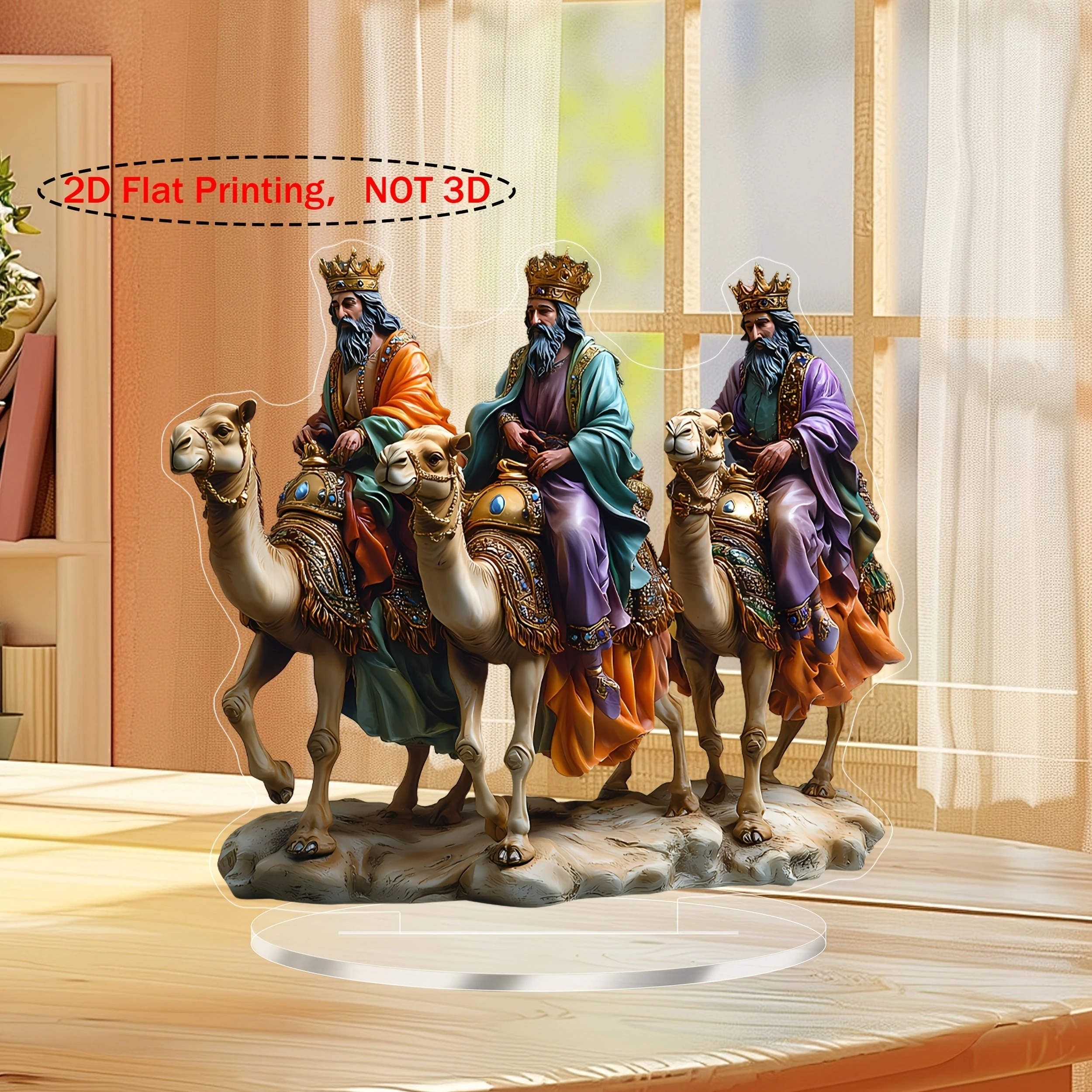 2D Flat Islamic Three Saints Riding Camels 8in Acrylic Sculpture Colorful Tabletop Decora Ramadan Eid Celebration Festival Gift