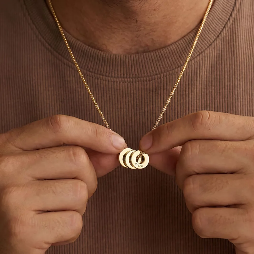 

Gold Stainless Steel Custom 3 Rings Name Necklace Personalized Family Engraved Washer Charm Dainty Mother Birthday Gift