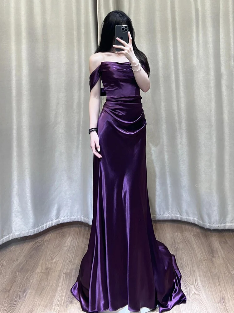 

Фиолетовое вечернее платье на одно плечо для помолвки и банкета, простое, в пол, из полиэстеровой ткани
