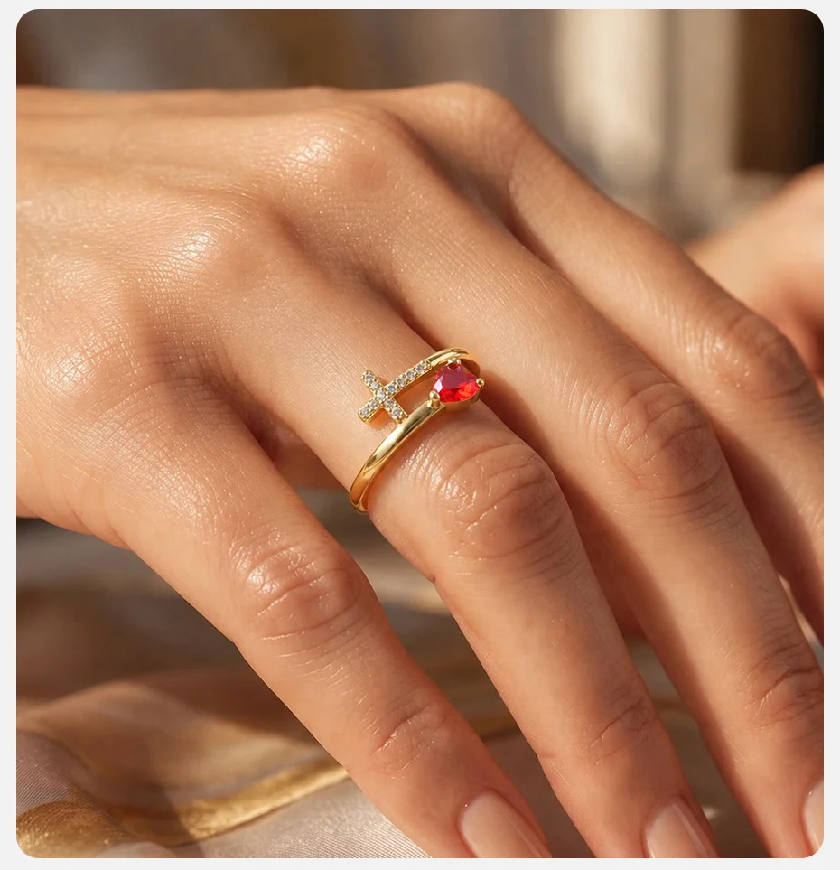 Vnox Vergoldeter Herzring mit AAA-Zirkonia für Damen, Einzigartiges Design, Glänzende Bunte Kristalle, Kreuzring, Romantischer Religiöser Schmuck – Detail 3