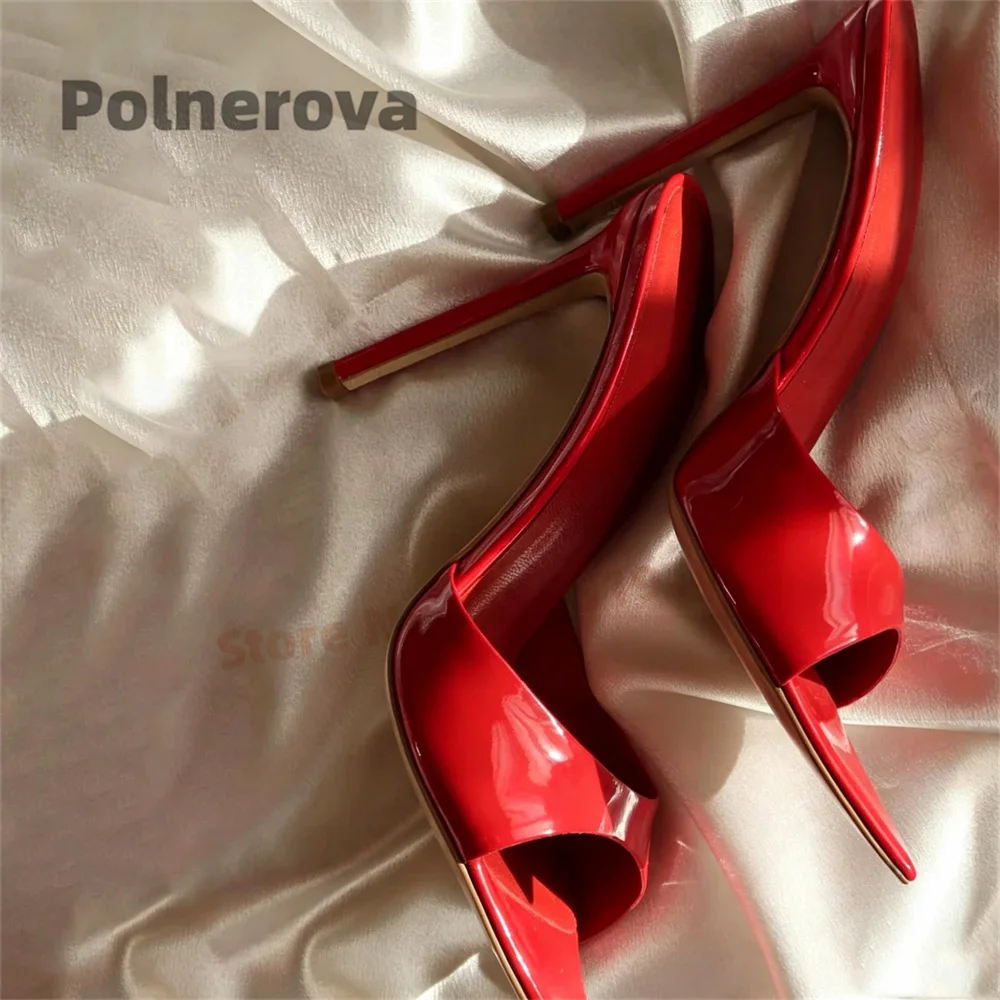 Women Red Patent Leather Pointed Toe Slippers Slip On Open Toe Backless Stiletto High Heels Summer Elegant Party Dress Shoes