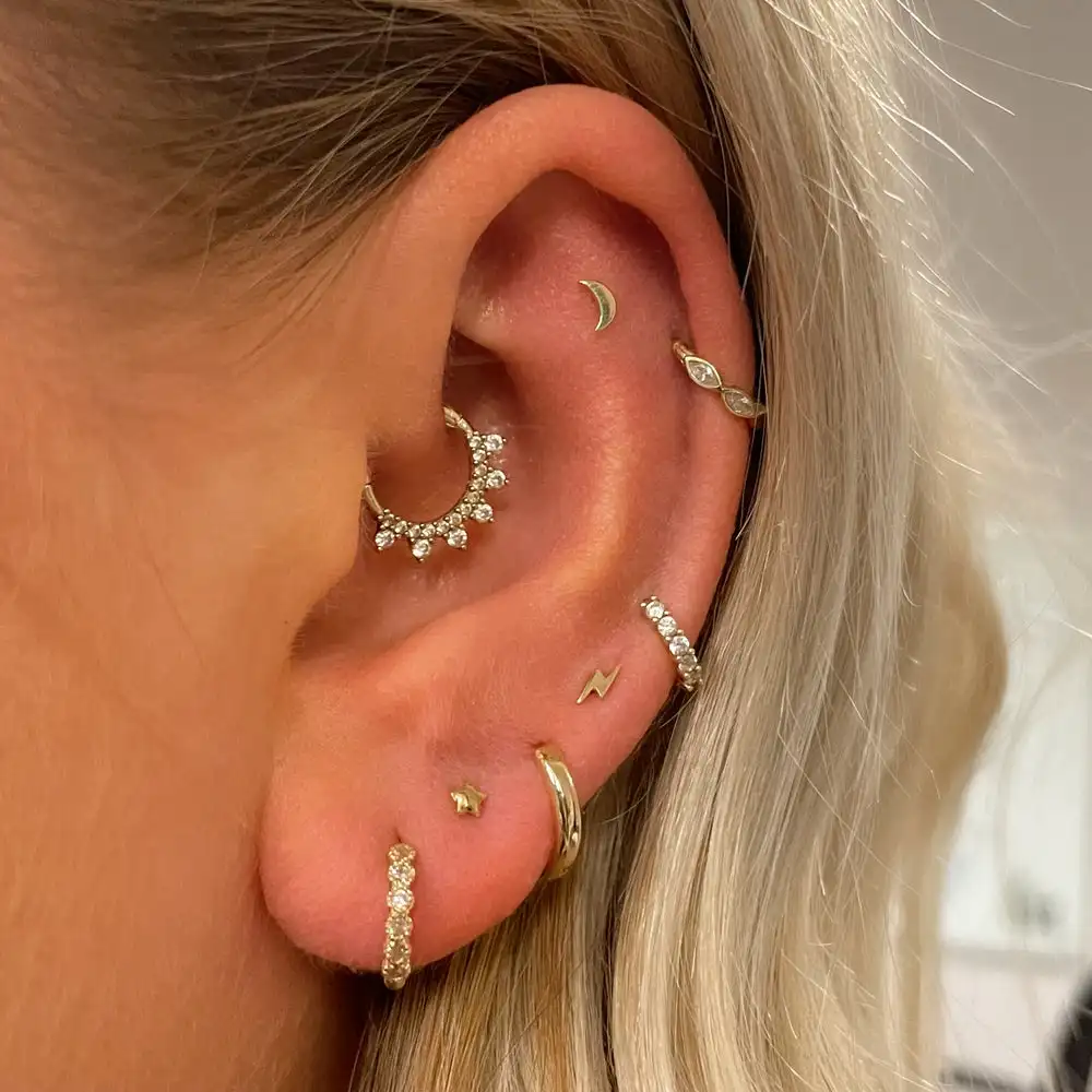 1PC Star Moon Lightning Zircon Gold Color Cartilage Tragus Lobe Flat Piercing Stud Earrings For Women Labret Ring Body Jewelry