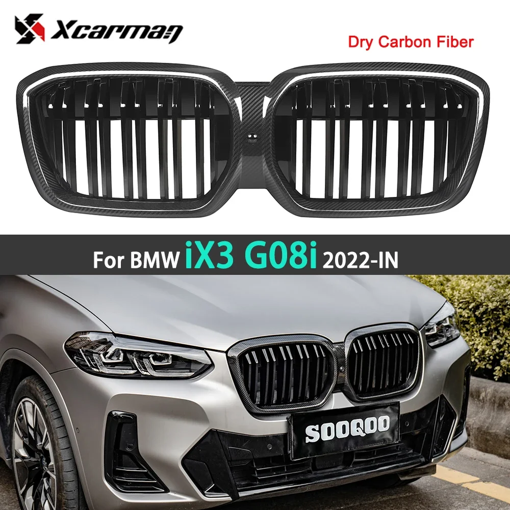 

Real Dry Carbon Fiber Dual-Slats Front Bumper Kidney Grille For BMW iX3 G08i 2022-IN Racing Grills Replacement Car Accessories