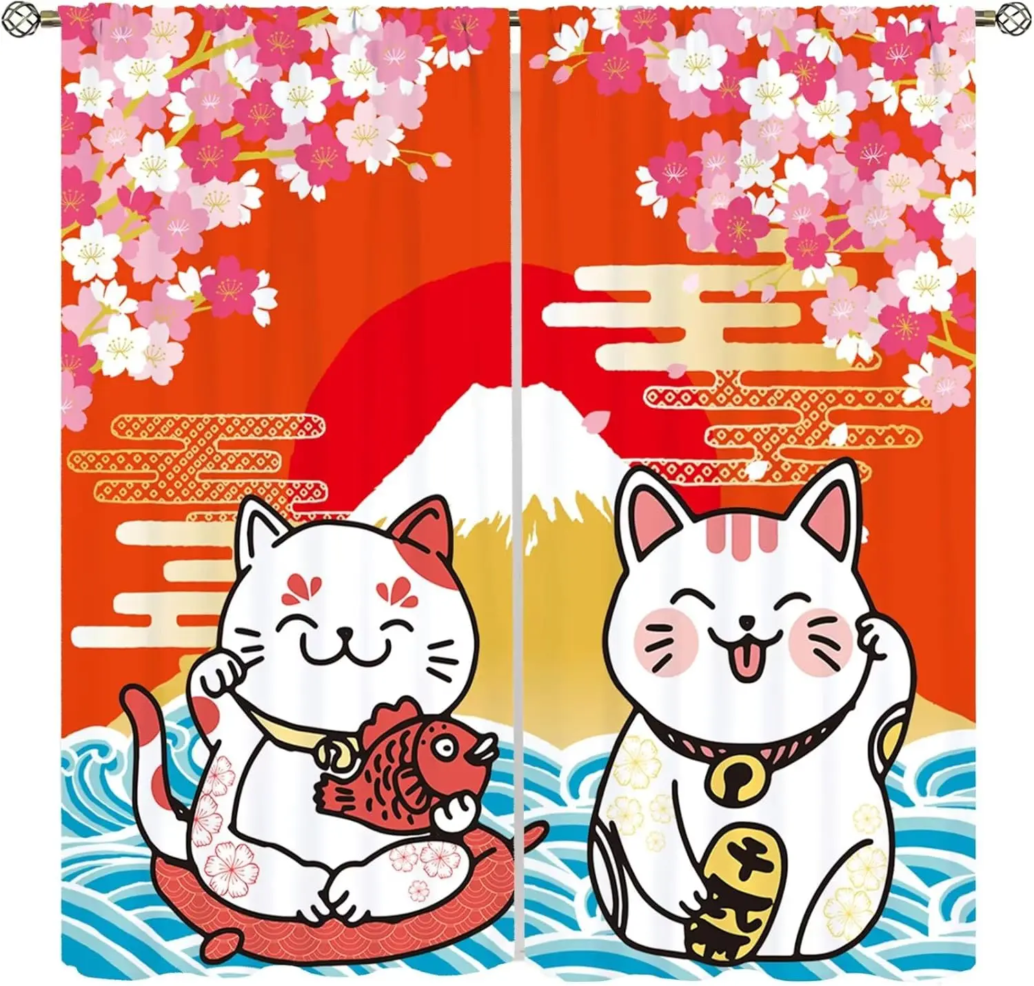 Japanese Curtains Cute Lucky Cat Rustic Pink Cherry Blossoms Mountain Fuji Red Sun Pattern Decor Drapes for Bedroom Living Room