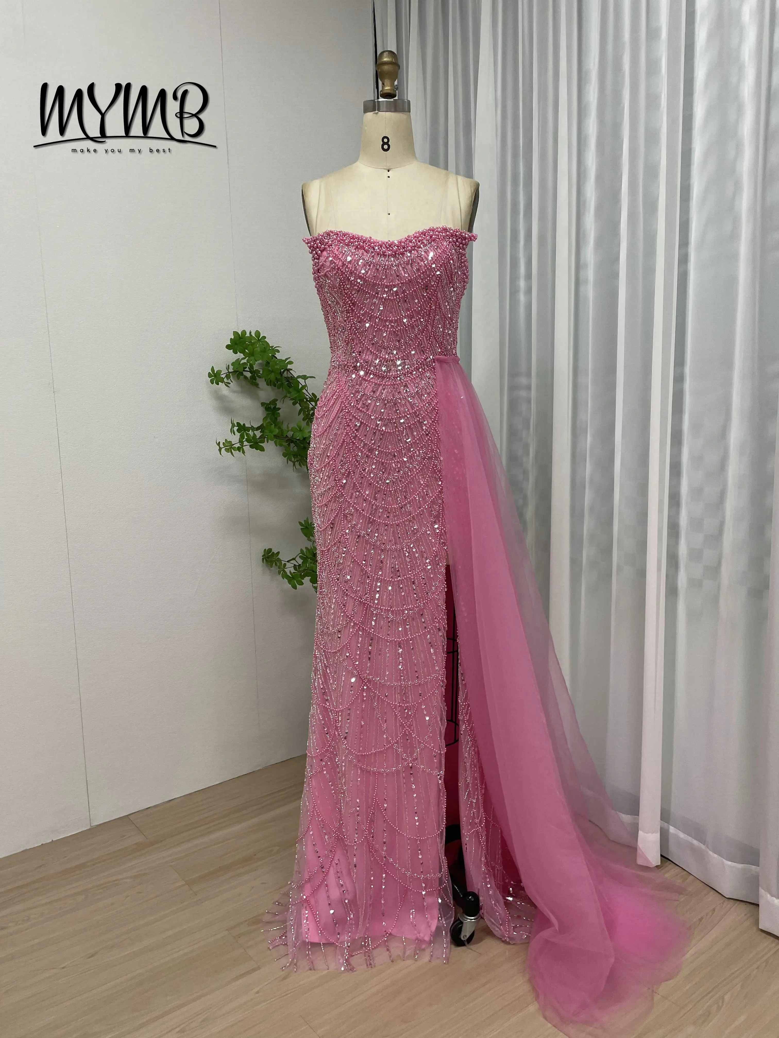 

MYMB Высокое качество, расшитое бисером жемчугом, вечерние платья русалки, без бретелек, расшитые блестками, платья для выпускного вечера с боковым шлейфом для сексуальных дам MY30110-2