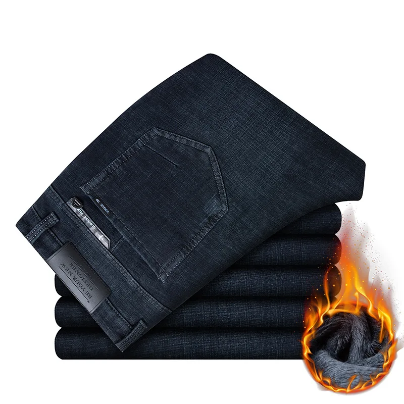 

Thiened Fce Winter Men's Jeans Casual Loose Busin Sle Long Pants High Waist Zipper Closure Straight Leg Fit Trousers