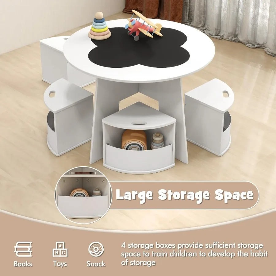 INFANS Toddler Table and Chair Set with 4 Storage Stools Wooden Flower Shaped Nesting Table with Blackboard Drawers MultiActivi