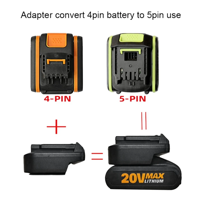 

Black Battery Tool Converter For WORX Orange 4PIN 20V Lithium Battery To WORX Green 5PIN 20V Lithium Battery Adapter