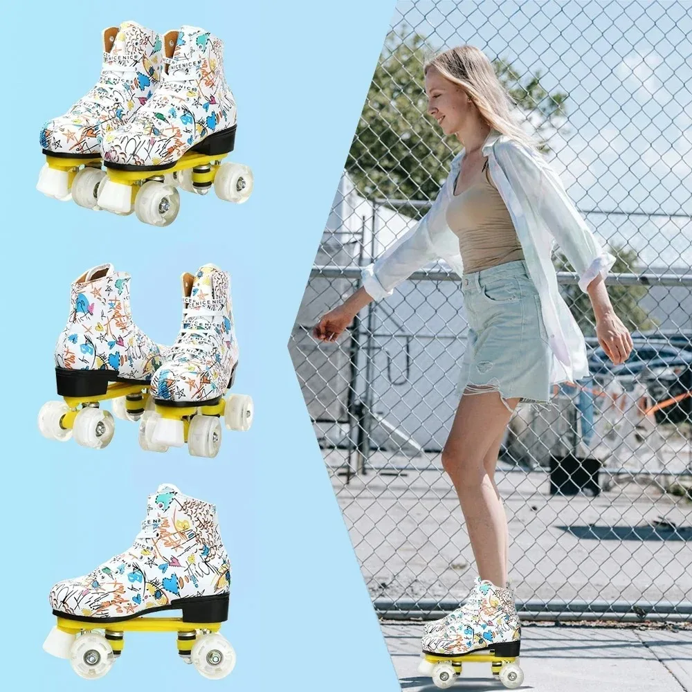أحذية تزلج دوارة وامضة للبنين والبنات صف مزدوج 4 عجلات زلاجات للكبار أحذية رياضية خارجية للتزلج والتدريب رباعية الأحذية الرياضية