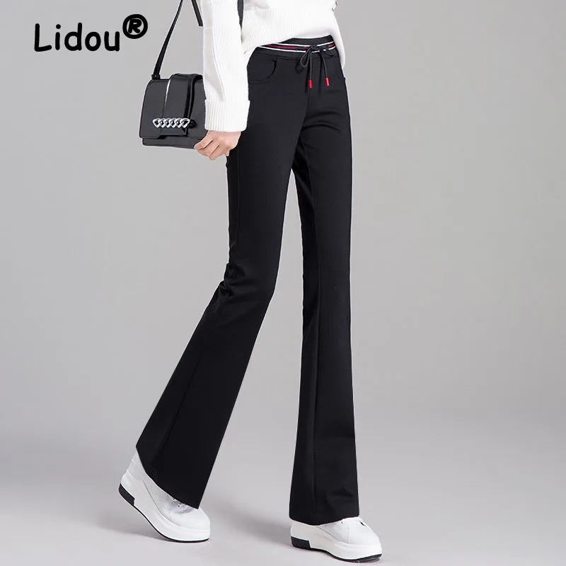 

Black Colour High Waist Pockets Flare Pants Bright Line Decoration Red Drawstring High Strecth Leisure Full Length Spring Summer