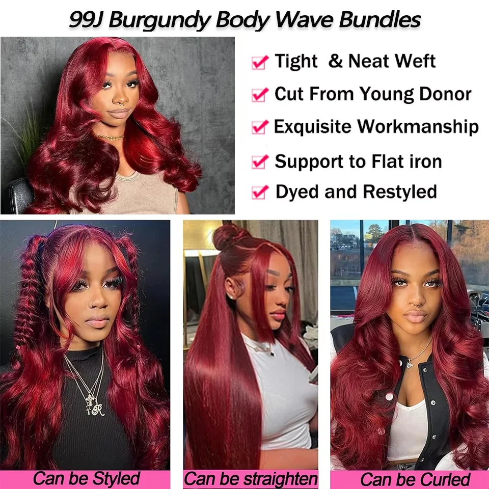 30インチ99jバーガンディウィッグ、ボディウェーブ、未処理バージンヘア、人毛エクステ、ダブルウェフト、女性用