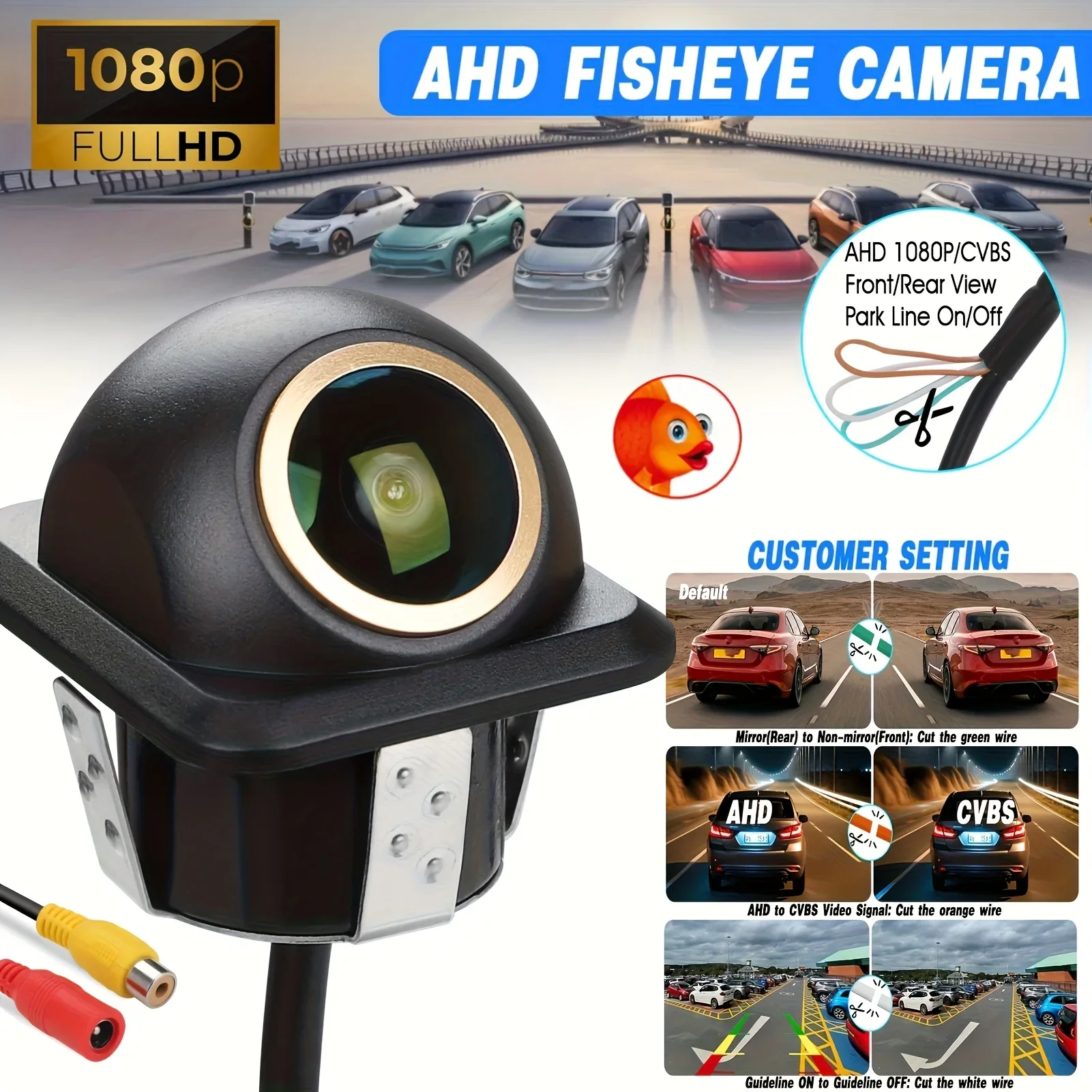 [170° Fisheye Lens] Car Camera Backup Camera,Hidden Installation with AHD/CVBS Switchable (Orange/White/Green) - Compatible