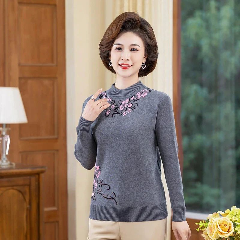 Women Mom Fleece Lined Knit Sweater Autumn Winter Floral Jacquard Warm Thick Elderly Long Sleeve Knit Top