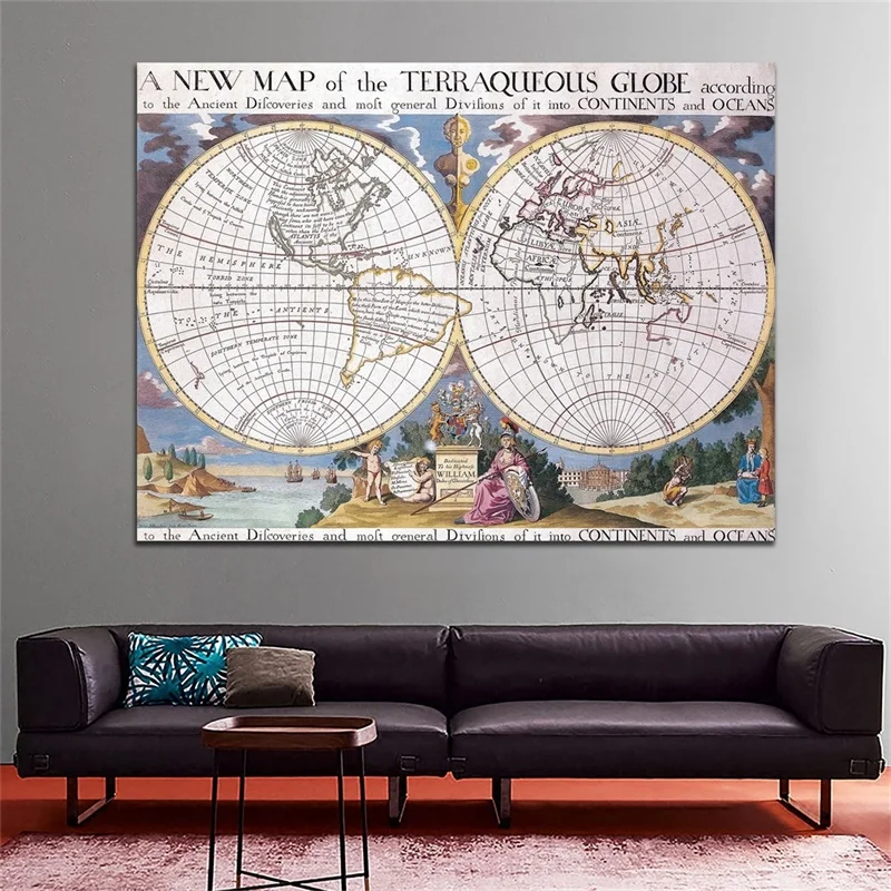 90*60cm Vintage mapa włóknina obraz na płótnie dekoracyjny obraz ścienny wydruki artystyczne salon dekoracja wnętrz przybory szkolne