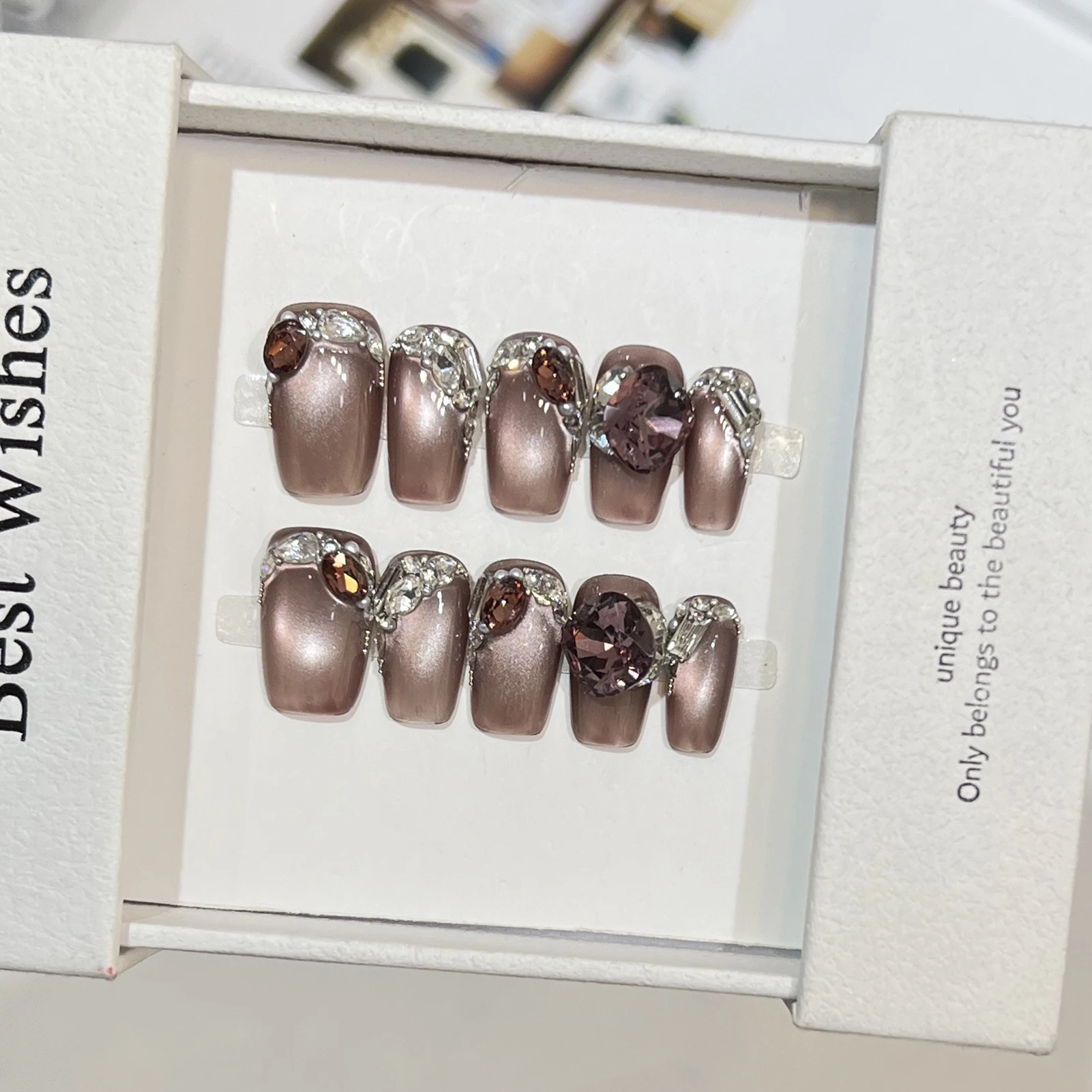 10pcs Black Currant Cat Eye Glass Bead Fake Nails with Zircon Rhinestones Handmade Press On Nails for Women Party Wearing