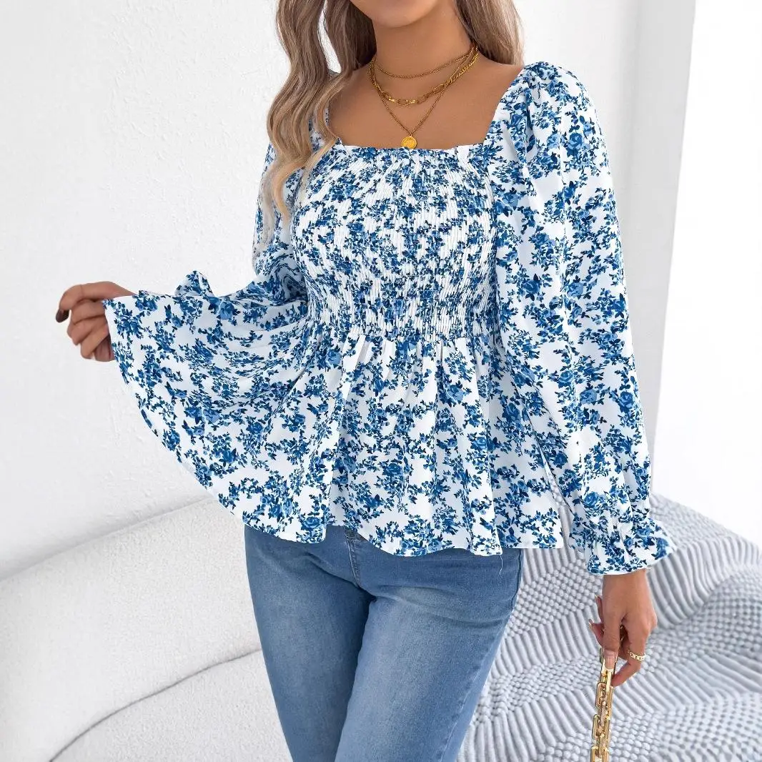 여성용 스퀘어 칼라 트럼펫 소매 플로럴 셔츠 탑 우아한 캐주얼 패션 맞춤형 작업복 디자인 서비스