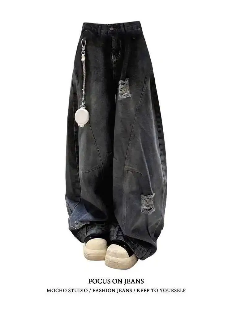 

Jeans Girl Ripped Denim Overalls For Women's New Korean Version With Large Size Loose Slimming Versatile Wide-leg Pants Jeans