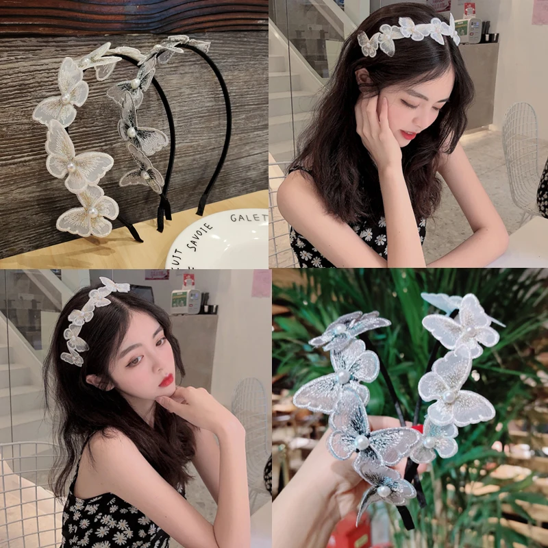 

New mesh embroidered butterfly pearl headband internet celebrity retro headband headdress sweet and cute ins hairpin super fairy