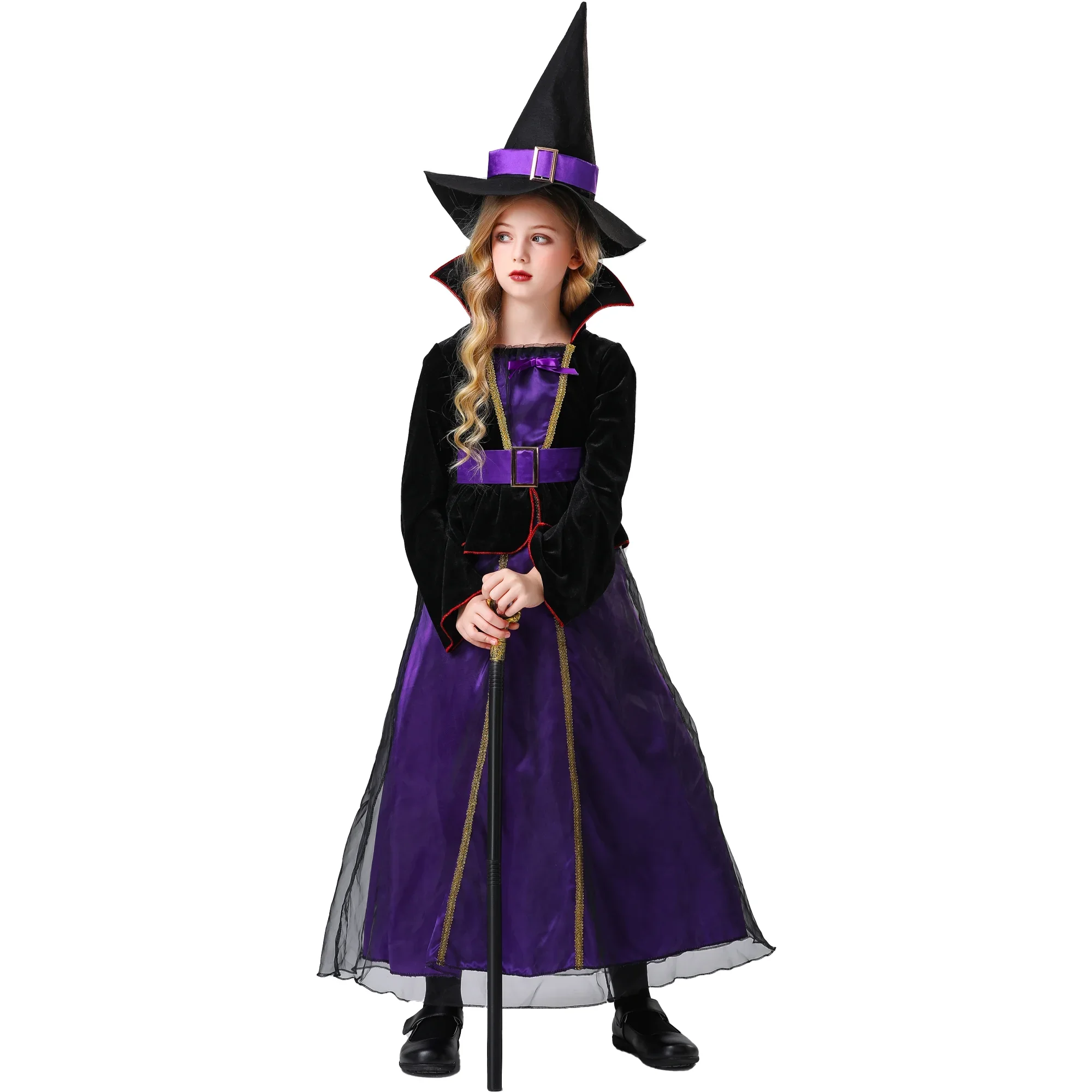 Kids Witch Cosplay Show Uniform Halloween Party Vampire Dress Up Girls Purple Gauze Dress Cloak Pointed Cap Belt Luxury Set