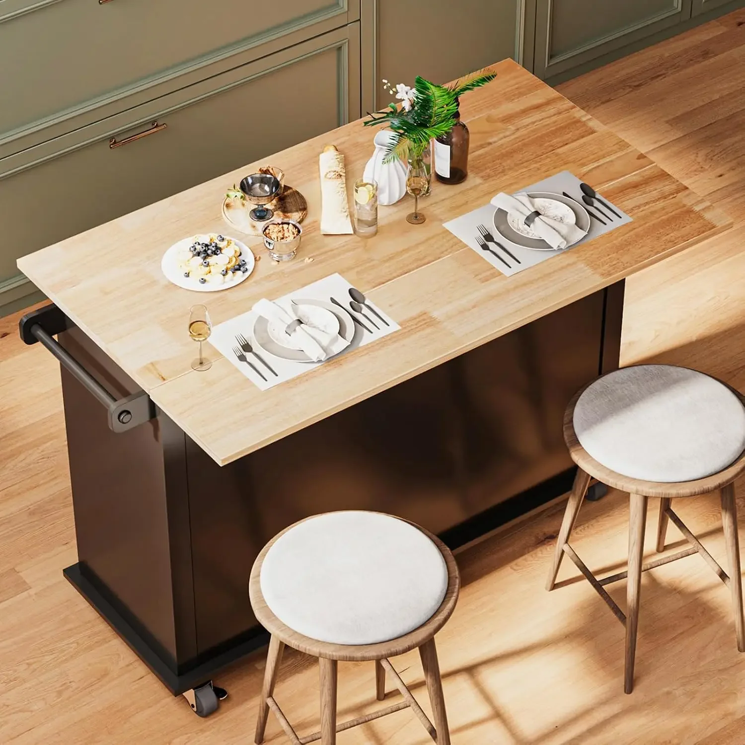 51.2'' Rolling Kitchen Island Cart with Drop Leaf Countertop, Kitchen Carts on Wheels with Storage, 2 Drawers, Towel Rack
